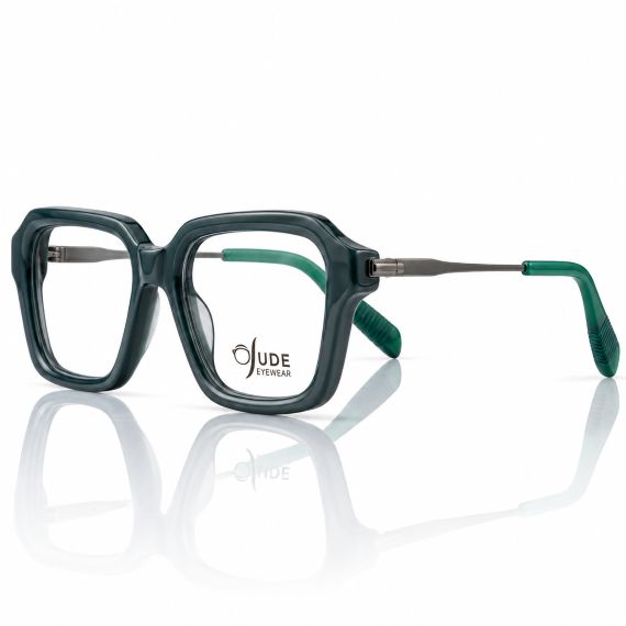 Jude Eyewear Forest Green square-frame glasses with green temple tips, angled view.